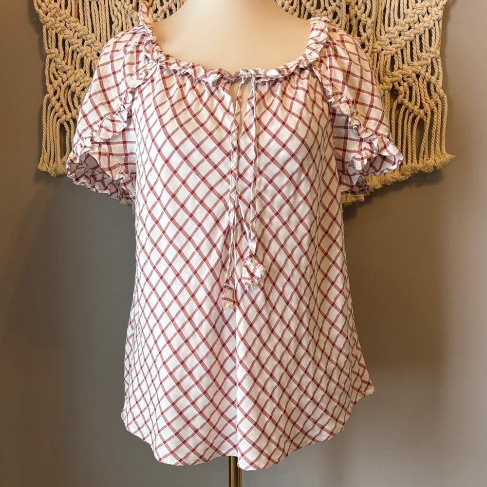 Max Studio Red and White Plaid Blouse